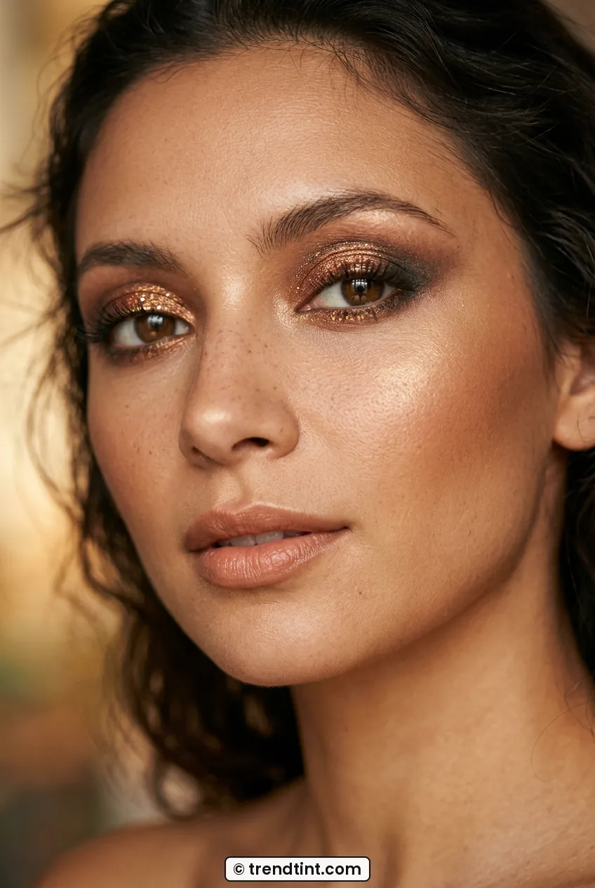 Woman with copper glitter smoky eyes and warm nude lips glowing