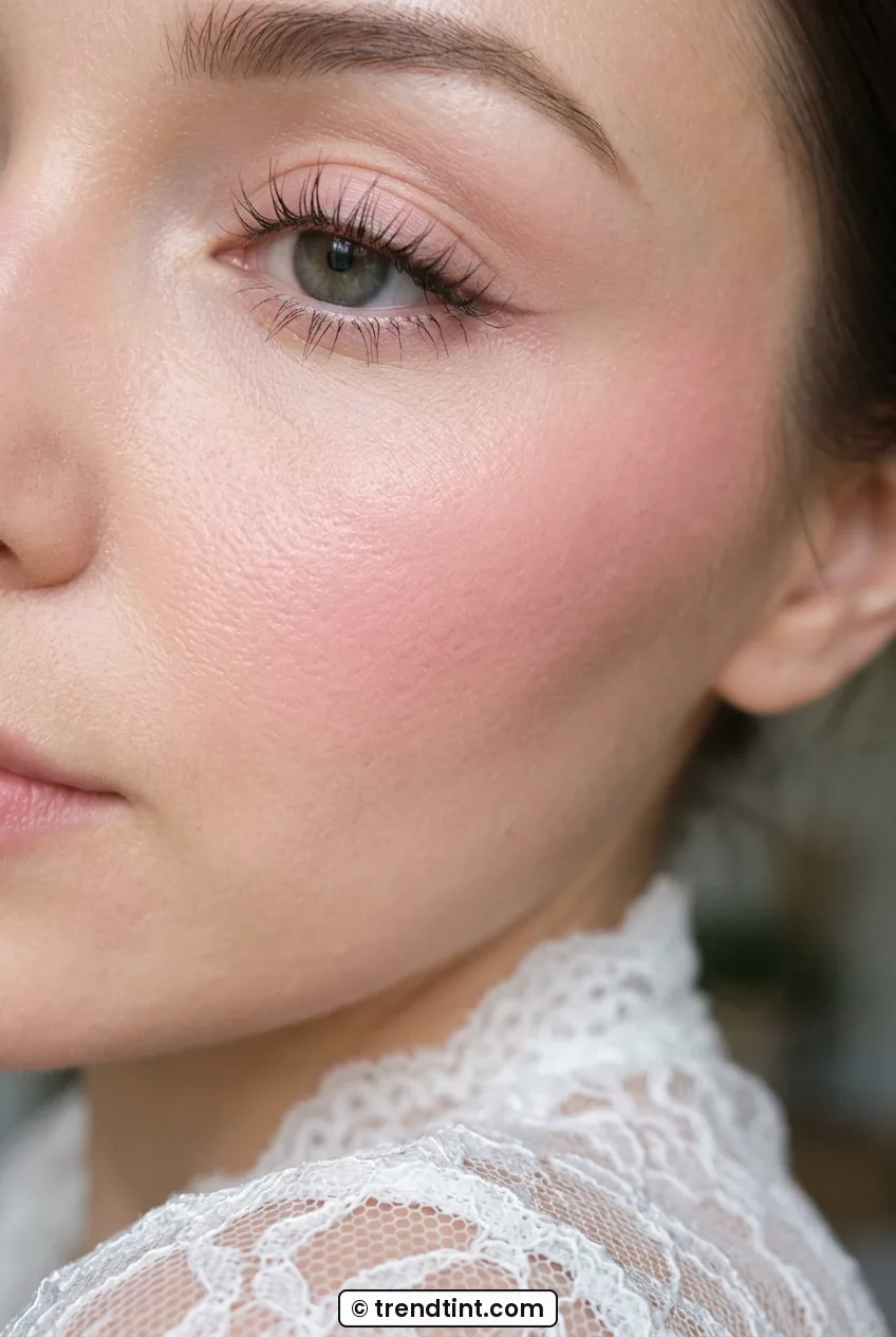 Close-up of woman with pink doll-like blush and fluttery lashes