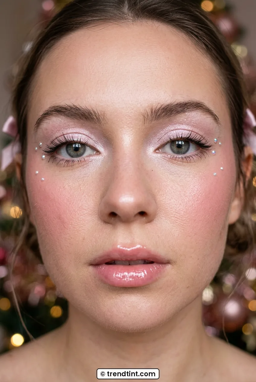 Woman with coquette pink makeup showing glossy lips and frosty pink eyeshadow