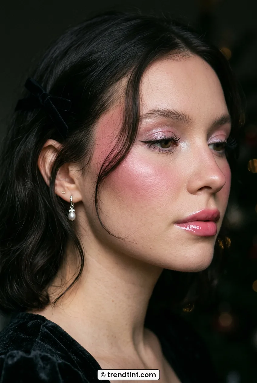 Woman with pink coquette makeup and fluttery lashes in side profile