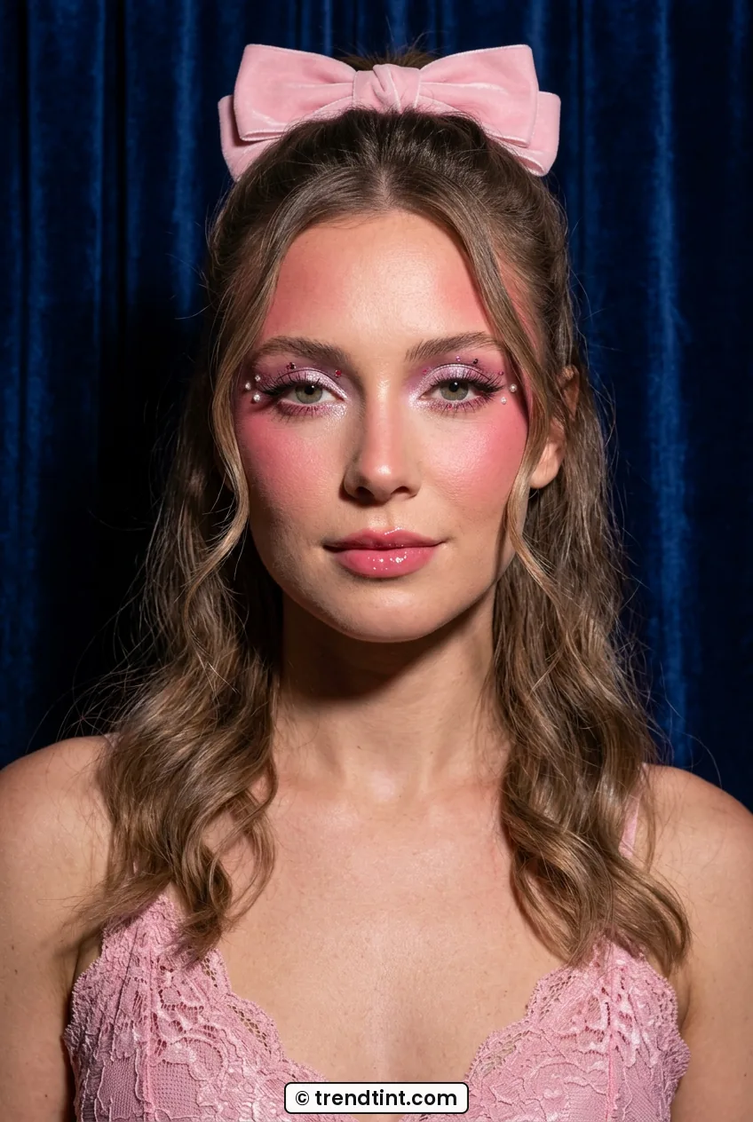 Woman with rosy pink blush and glossy lips and bow hairstyle in close portrait