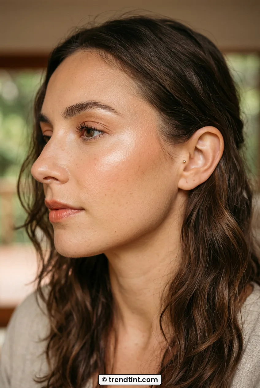 Side profile of woman showing cream blush and highlighter glow on cheekbone