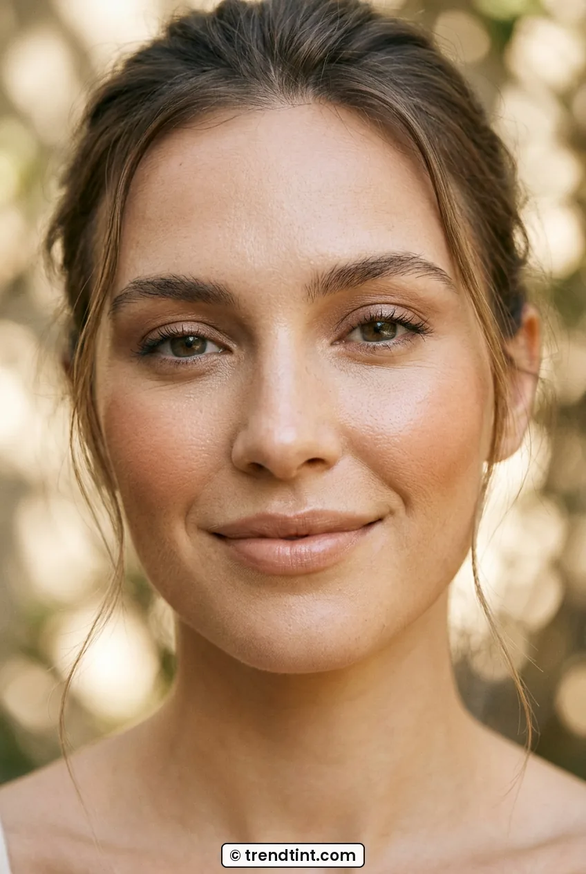 Woman with creamy nude lips and soft peach cheeks in close portrait