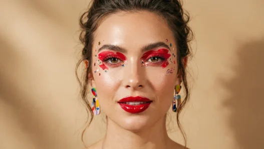Woman with bold red eyeshadow and glossy lips in bright studio portrait