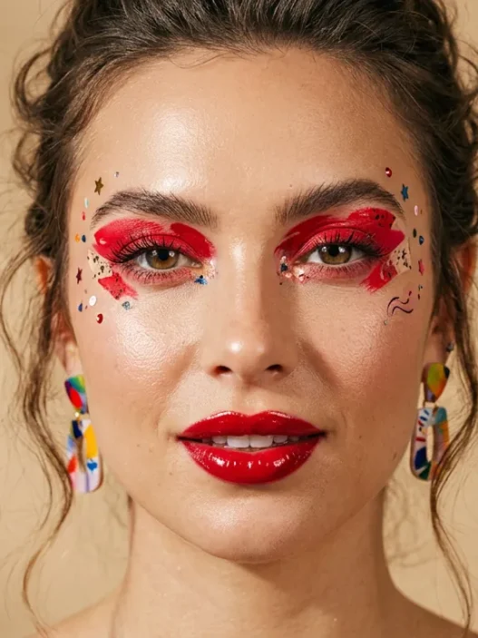 Woman with bold red eyeshadow and glossy lips in bright studio portrait