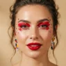 Woman with bold red eyeshadow and glossy lips in bright studio portrait