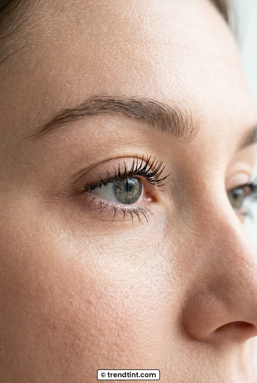 Close-up of curled mascara-coated lashes opening up a hooded eye