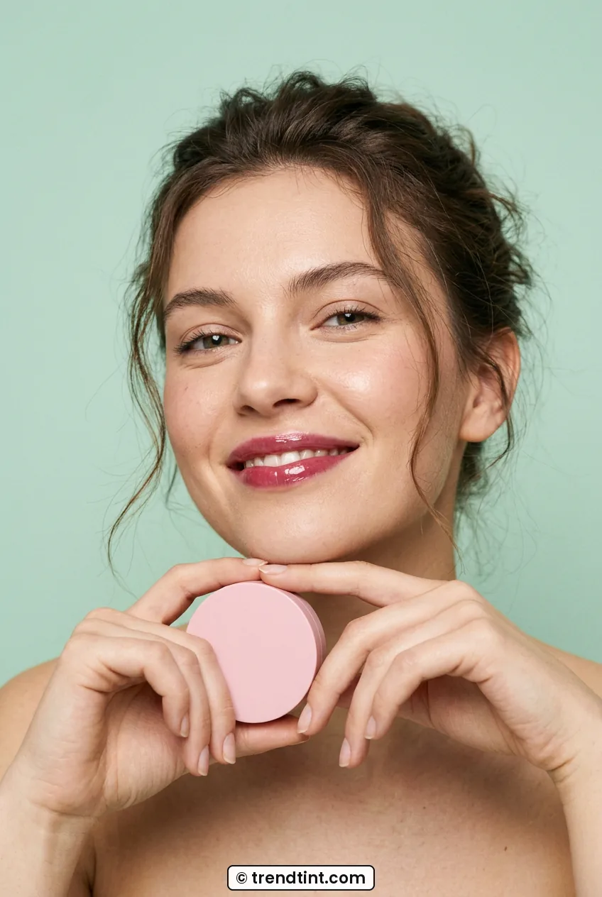 Woman with sheer berry lips and glossy finish holding pastel compact near chin