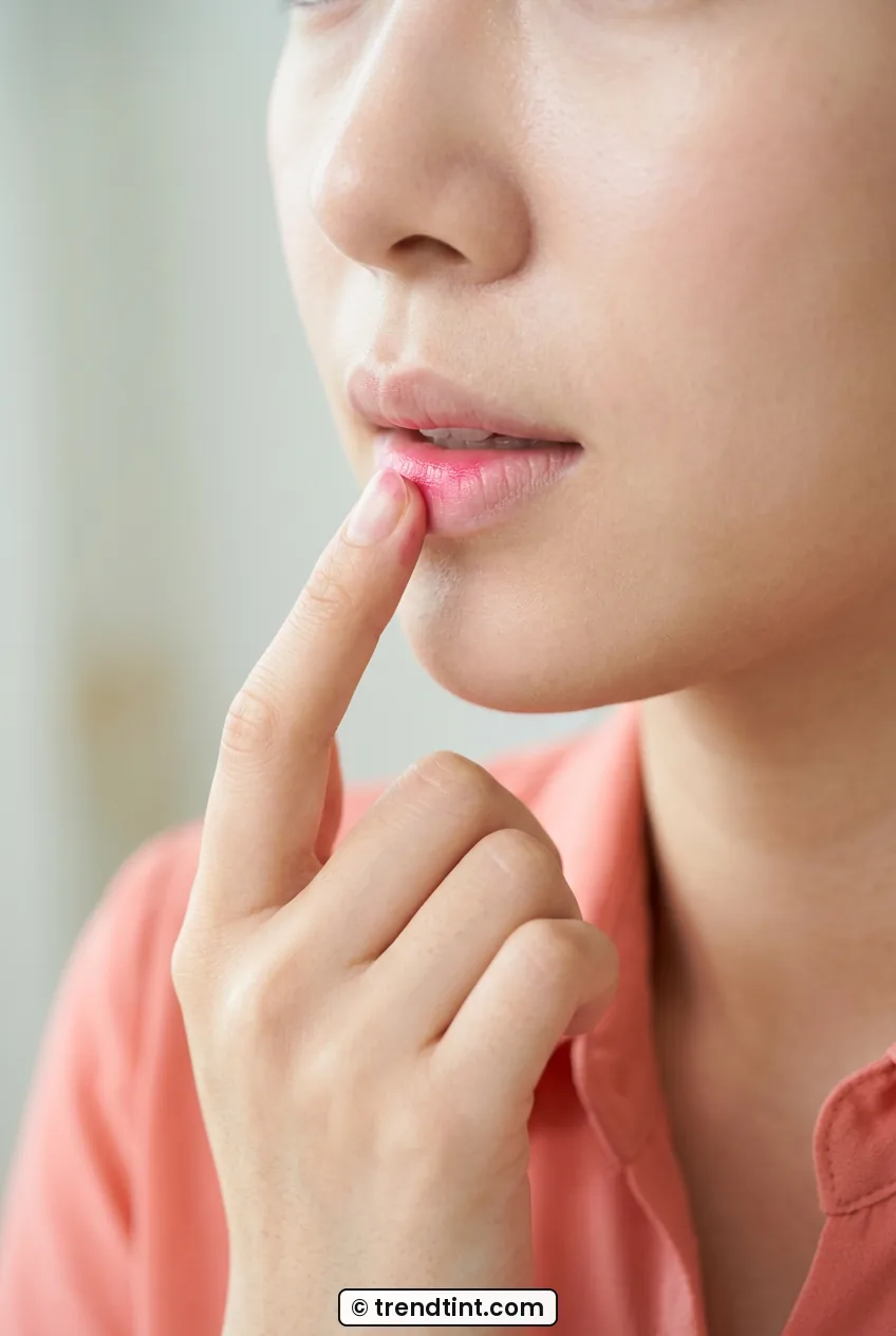 Woman dabbing pink tint onto centre of lower lip with fingertip in soft light