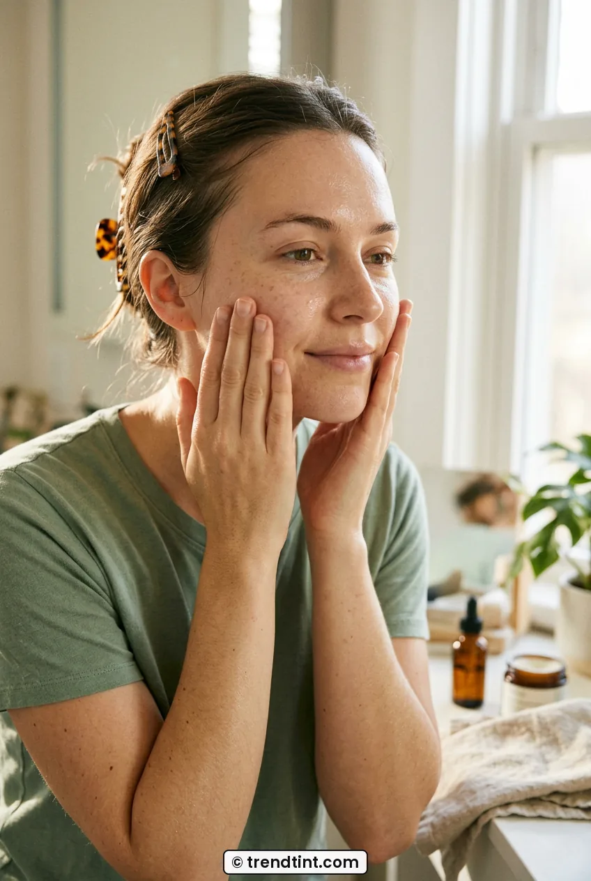 Woman patting moisturizer onto fresh damp cheeks during morning skincare routine