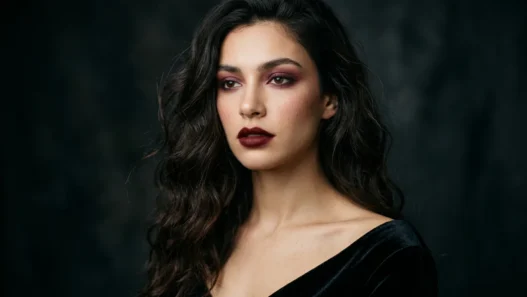 Woman with dark wavy hair wearing oxblood lipstick and berry smoky eyes in moody light