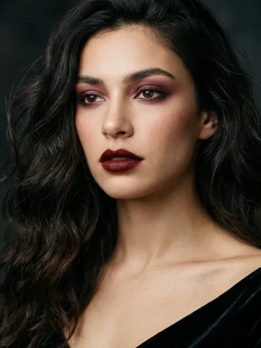 Woman with dark wavy hair wearing oxblood lipstick and berry smoky eyes in moody light