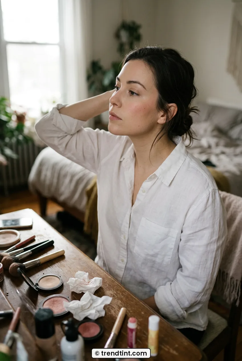 Woman checking blush blend in bright window daylight while seated at vanity