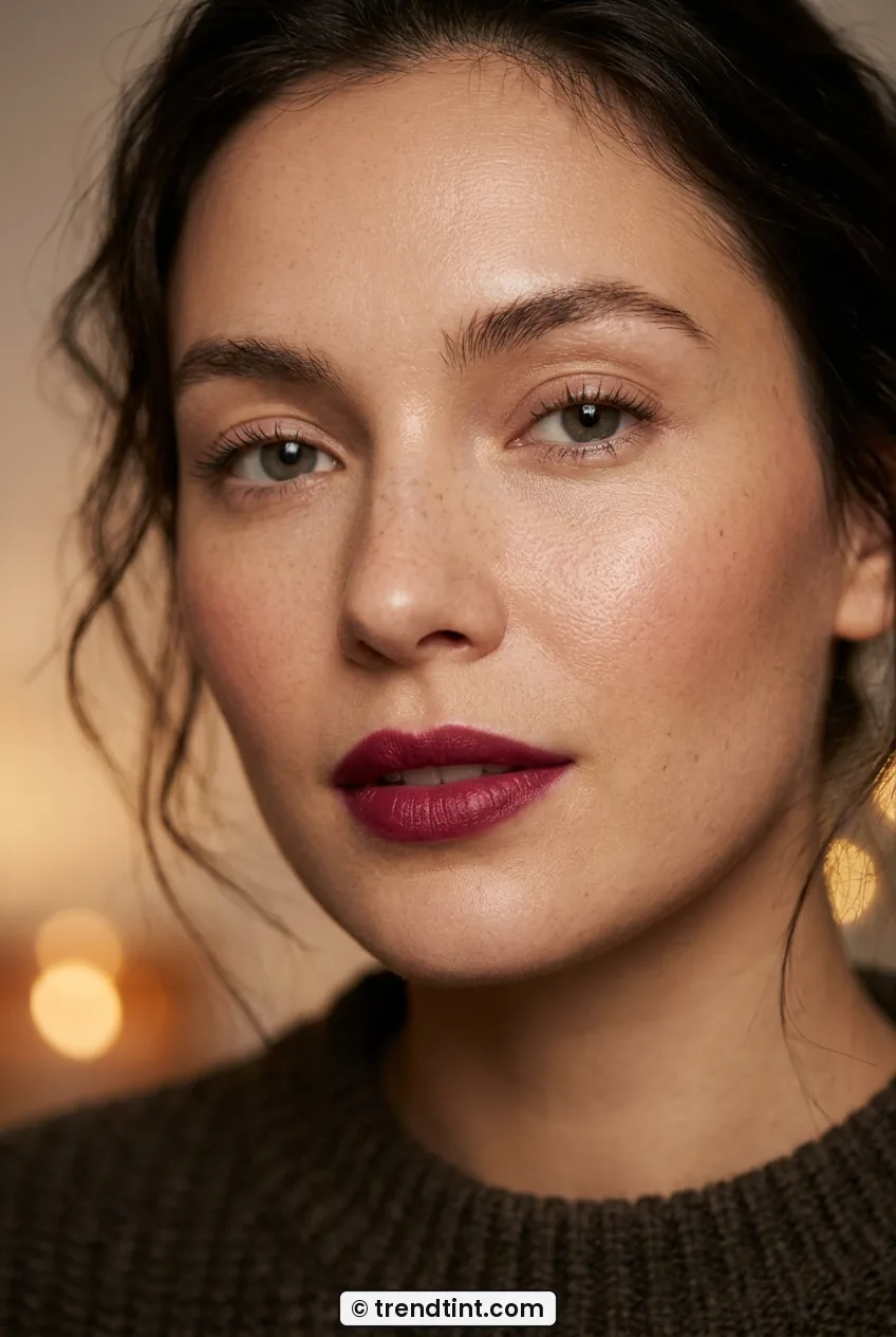 Woman with deep berry lipstick and bare glowing skin in close-up