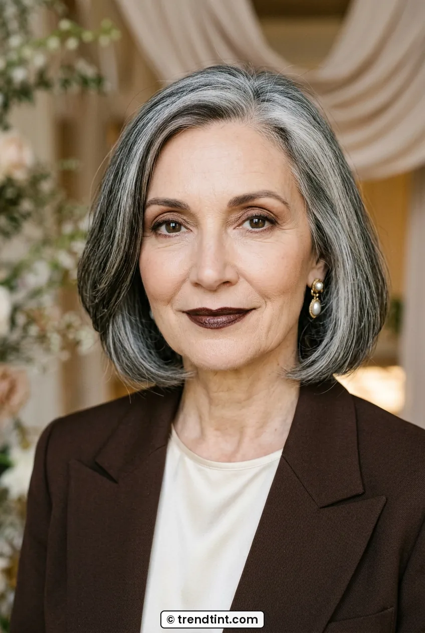 Woman with deep espresso lipstick and defined brown eyes wearing brown blazer