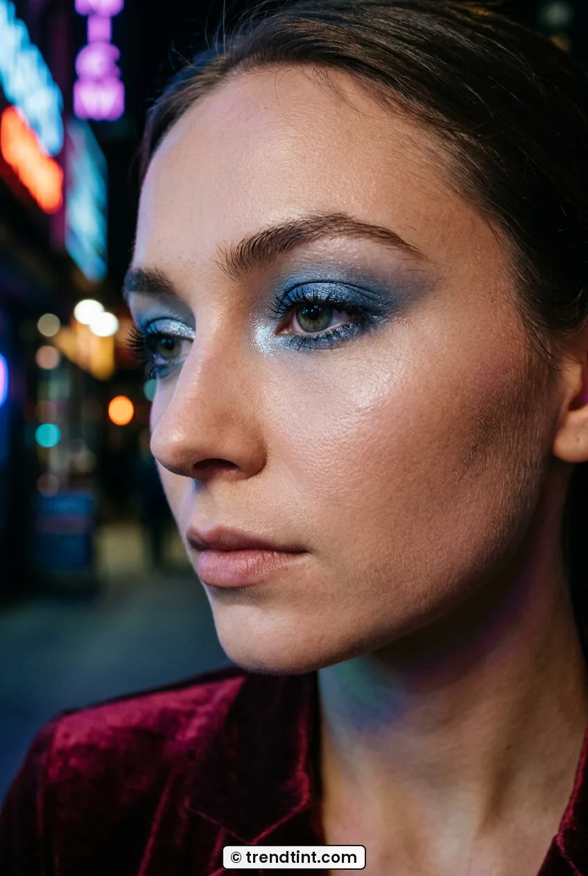 Woman close-up with denim shimmer eyeshadow and glowing inner corner at night