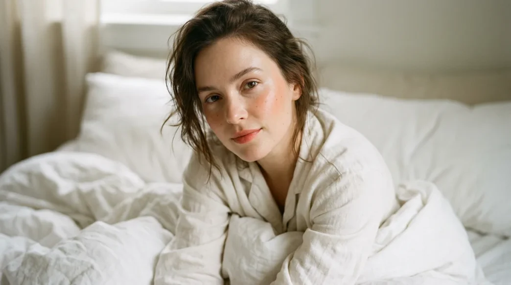 Woman with fresh dewy clean makeup and peach blush resting in white bedding
