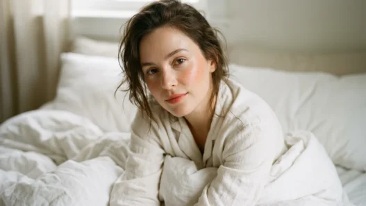 Woman with fresh dewy clean makeup and peach blush resting in white bedding