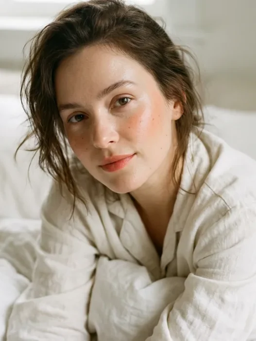 Woman with fresh dewy clean makeup and peach blush resting in white bedding