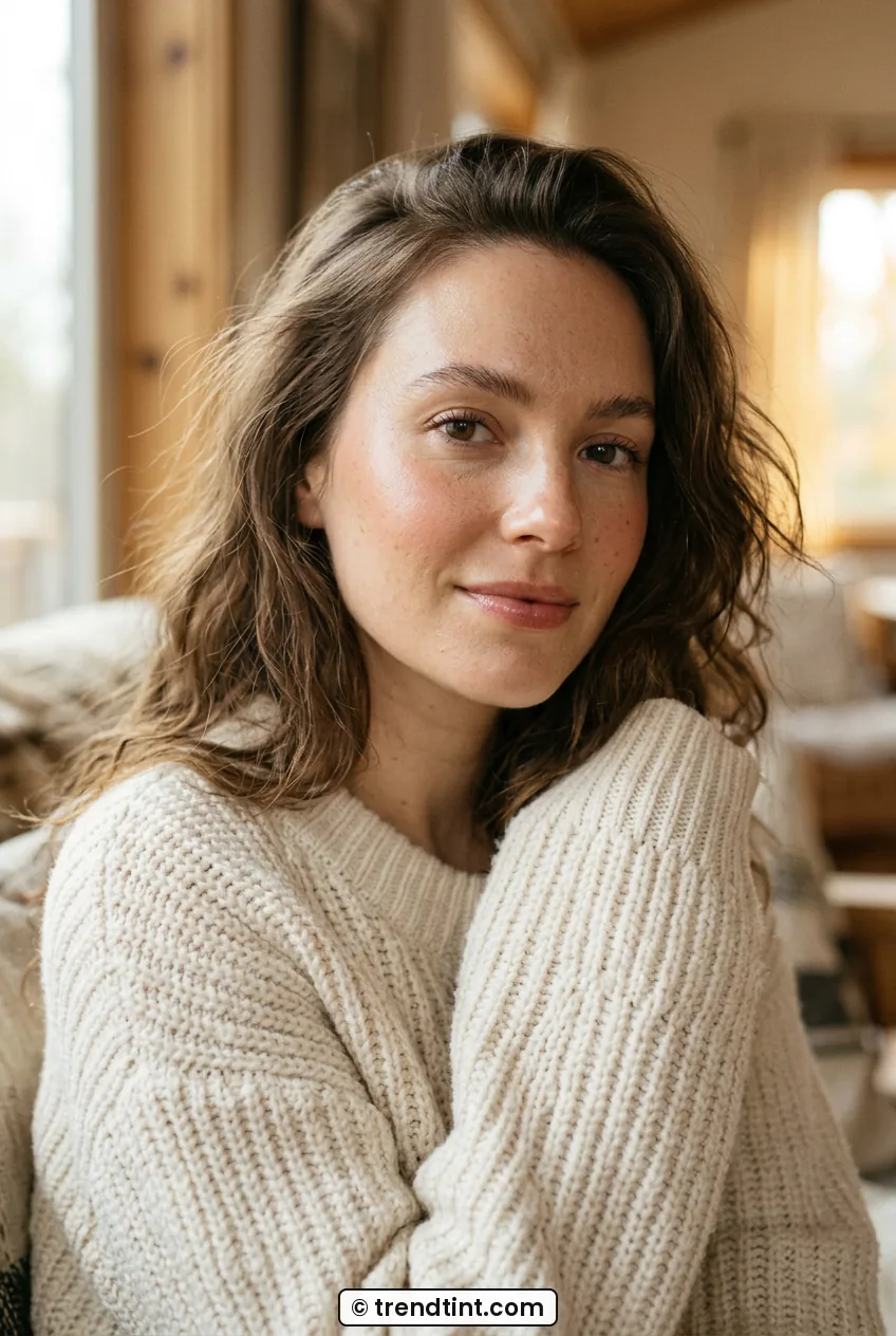 Woman with fresh dewy skin and cream blush wearing cozy knit top