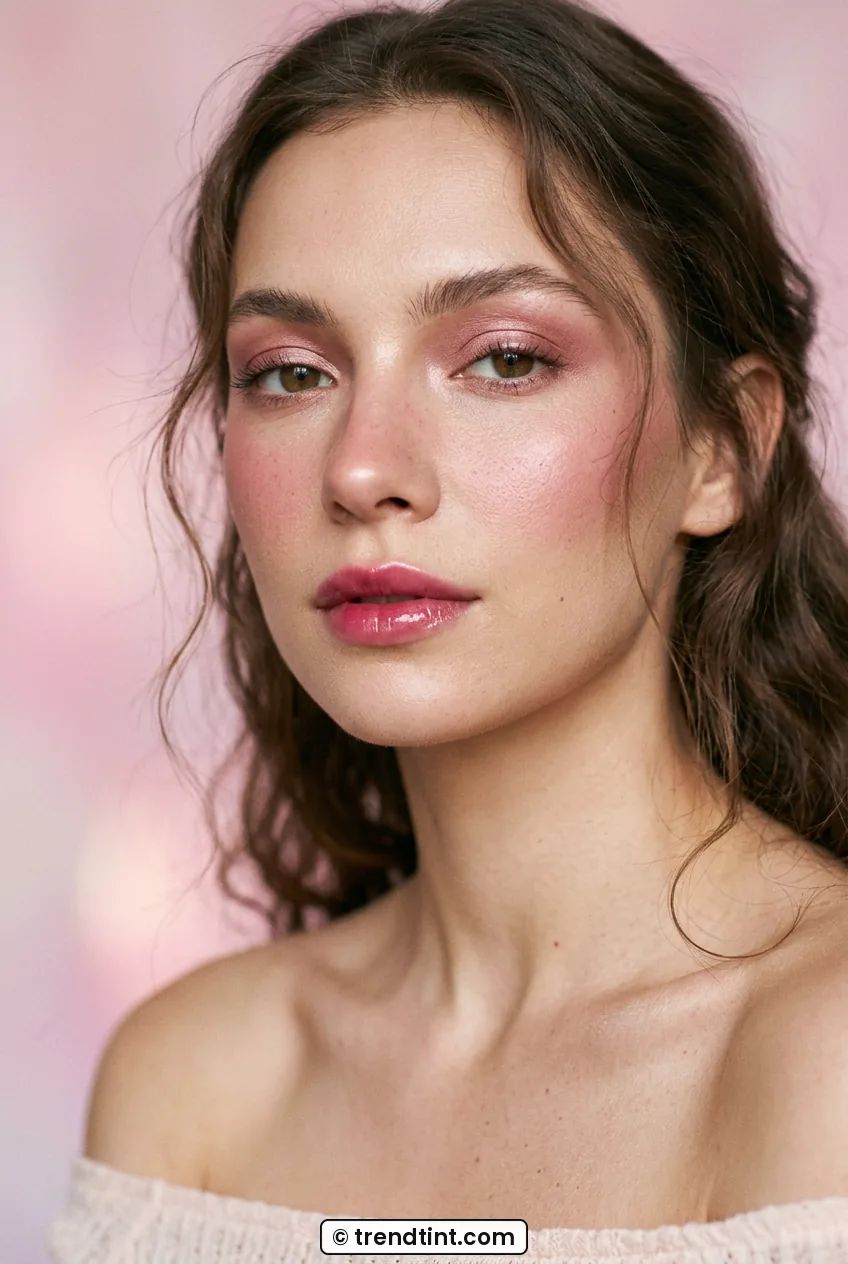 Woman with diffused rose blush and satin eyeshadow in tight close-up portrait