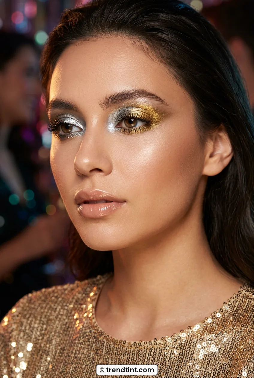 Woman with molten chrome eyeshadow shifting silver to gold