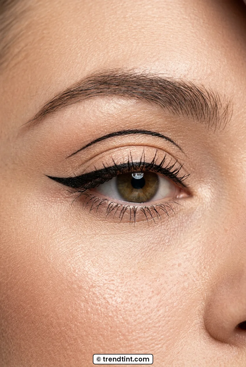 Woman hooded eye close-up with black wing and floating crease line above