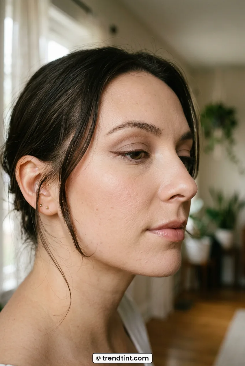 Woman in side profile showing thin brown liner on downturned eye shape