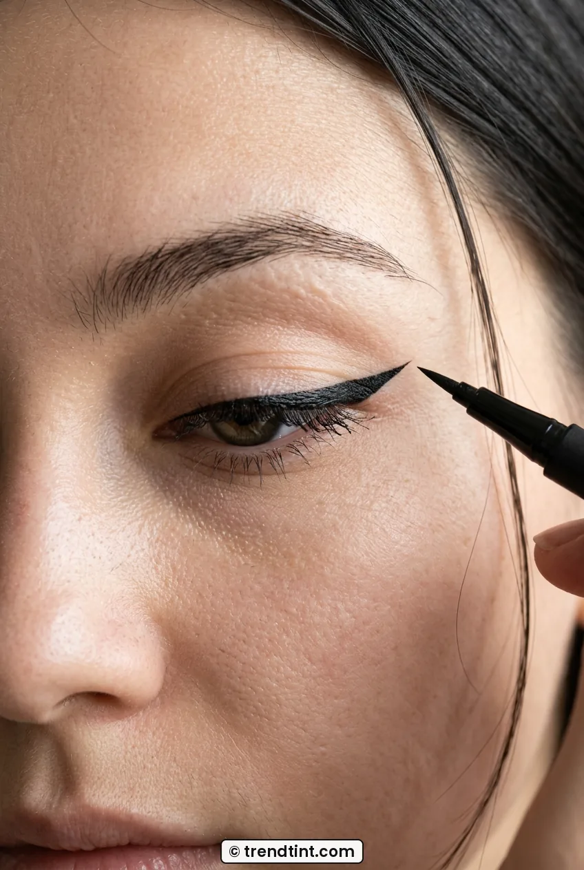 Close-up of liquid liner brush drawing a thin crisp wing at closed eye