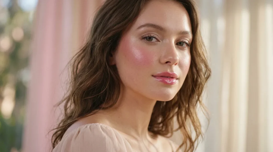 Woman with dewy rose blush and glossy pink lips under soft diffused light