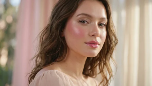 Woman with dewy rose blush and glossy pink lips under soft diffused light