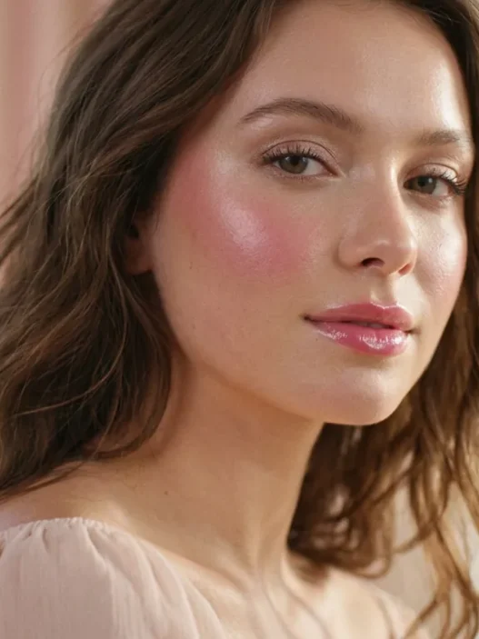 Woman with dewy rose blush and glossy pink lips under soft diffused light