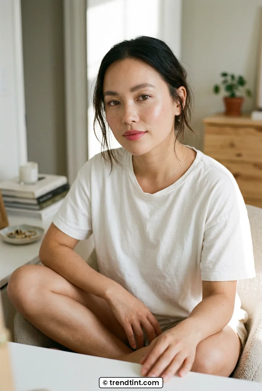 Woman with soft editorial natural glow and brushed brows sitting at vanity