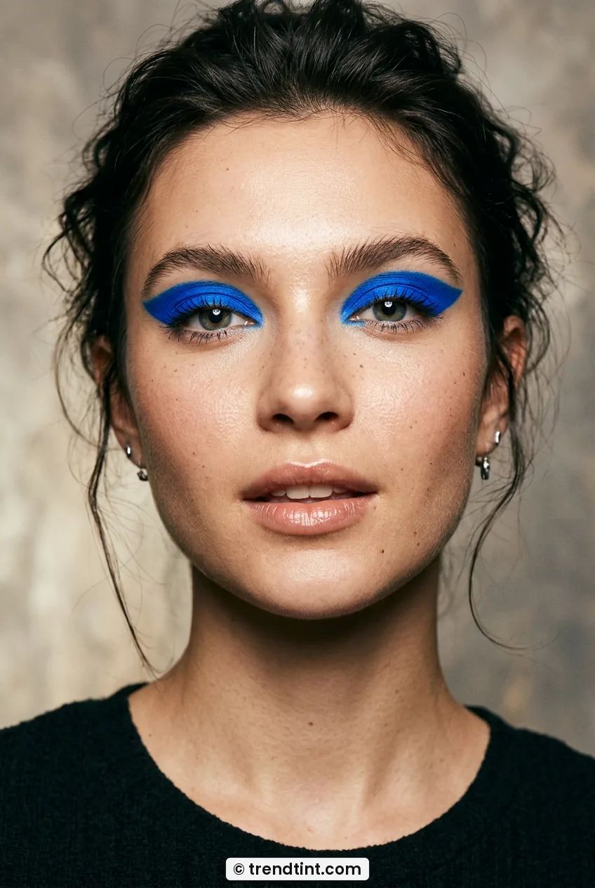 Woman with electric cobalt blue eyeshadow and sharp edge in front view