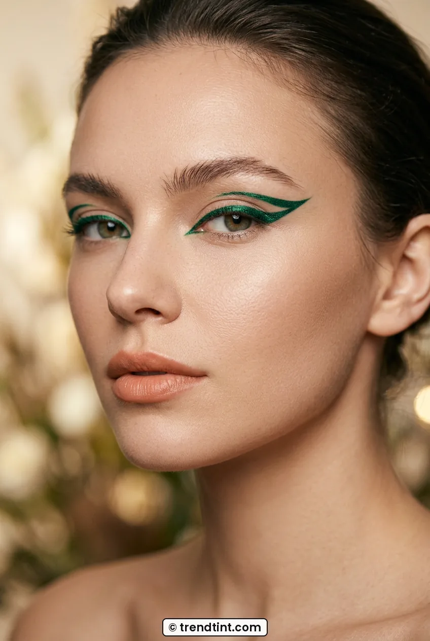 Woman with emerald green winged liner and soft nude makeup in close-up