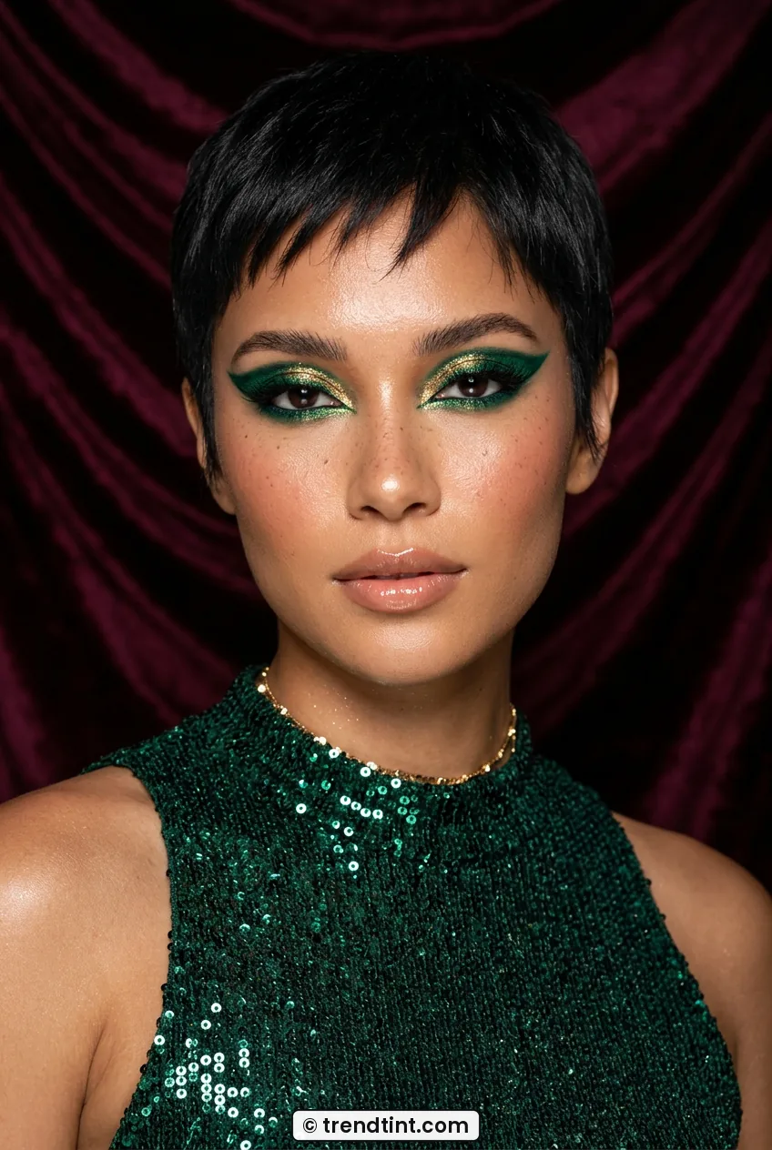 Woman with emerald green winged liner and gold shimmer and short pixie cut