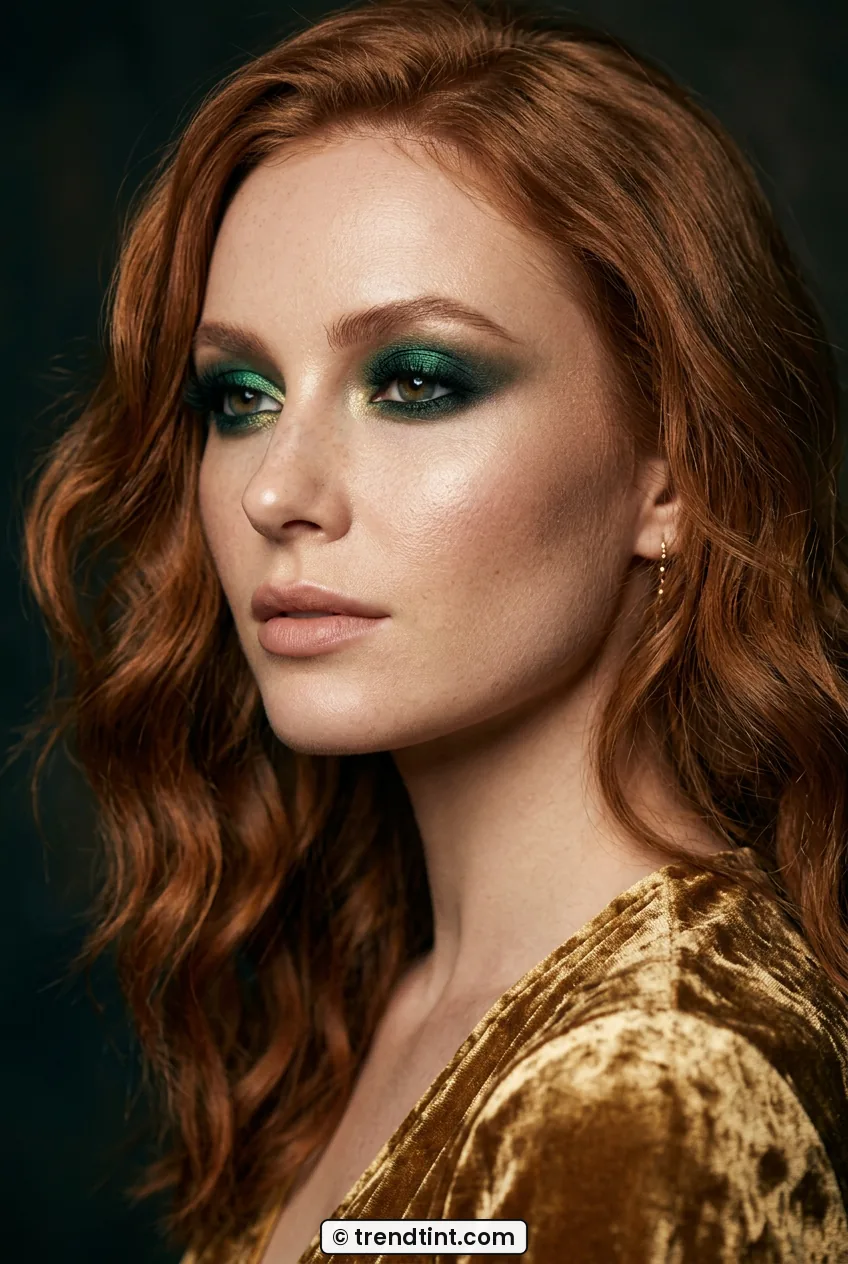 Woman with red waves wearing emerald smoky eye with glowing skin and nude lip