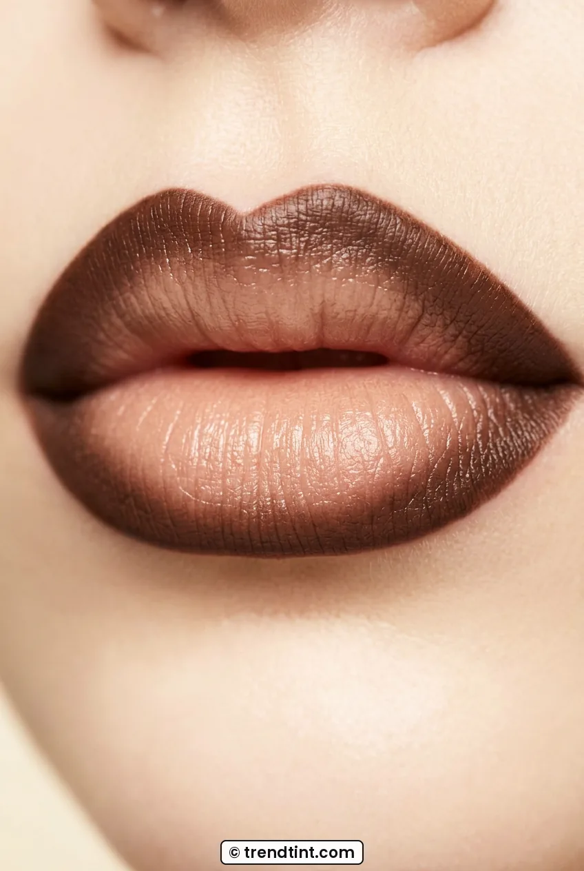 Close-up of woman lips with espresso liner framing creamy nude center