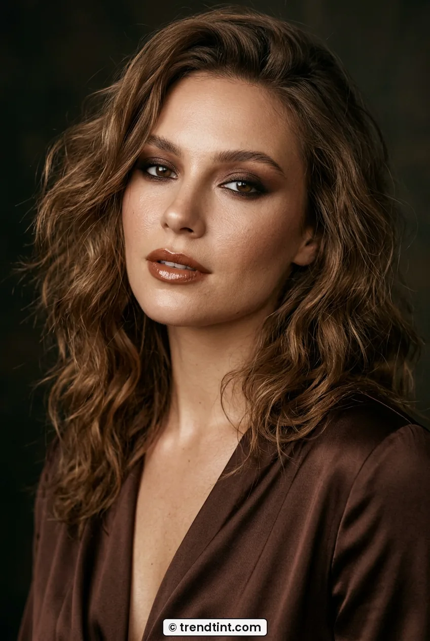Woman with tousled brown hair wearing espresso smoky eyes and caramel gloss lips