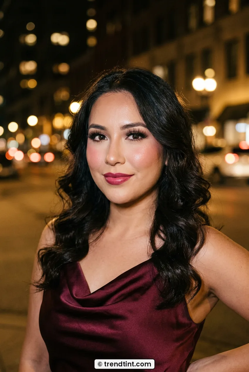 Woman in burgundy top with full evening glam blush and long lashes in city light