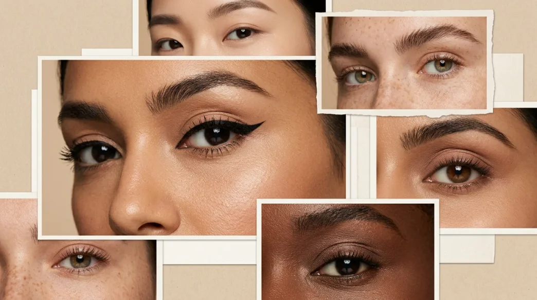 Close beauty shot of woman eye wearing sharp black winged eyeliner in soft light