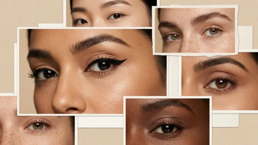 Close beauty shot of woman eye wearing sharp black winged eyeliner in soft light