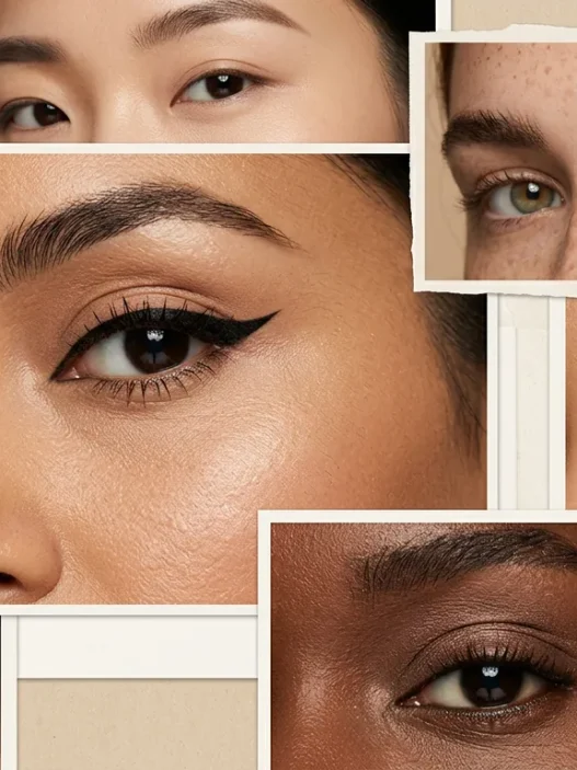Close beauty shot of woman eye wearing sharp black winged eyeliner in soft light