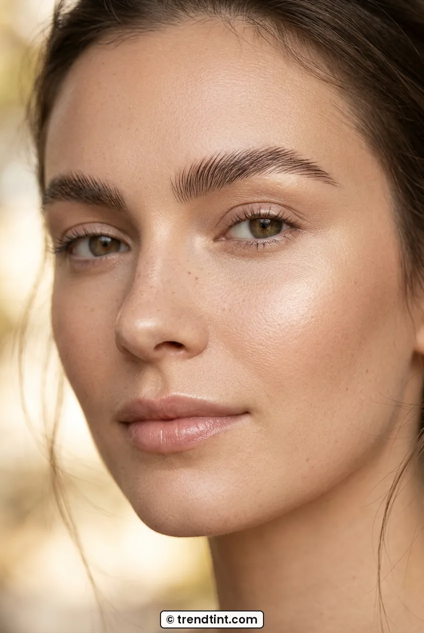 Woman with feathered brows and satin natural skin in tight crop