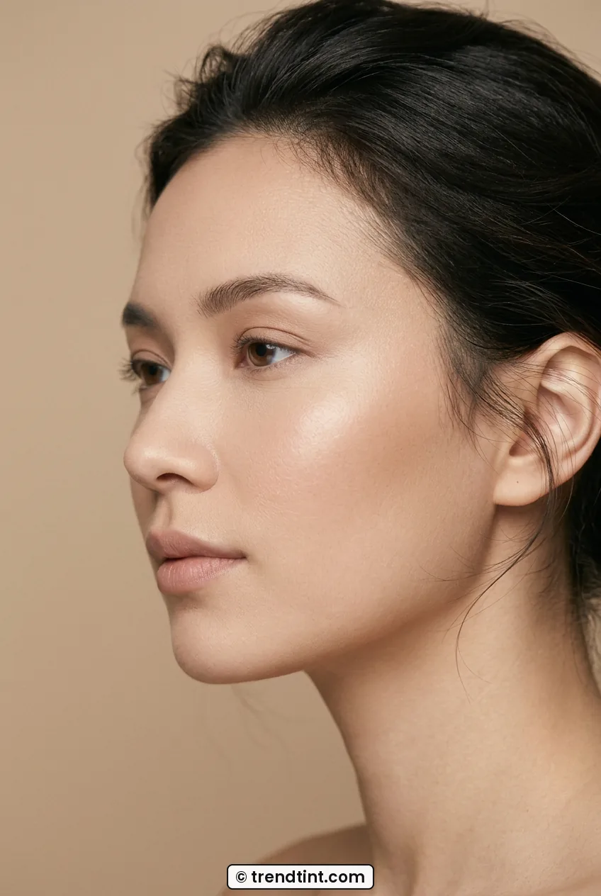 Woman showing smooth matte T-zone with glowing cheeks in side profile portrait