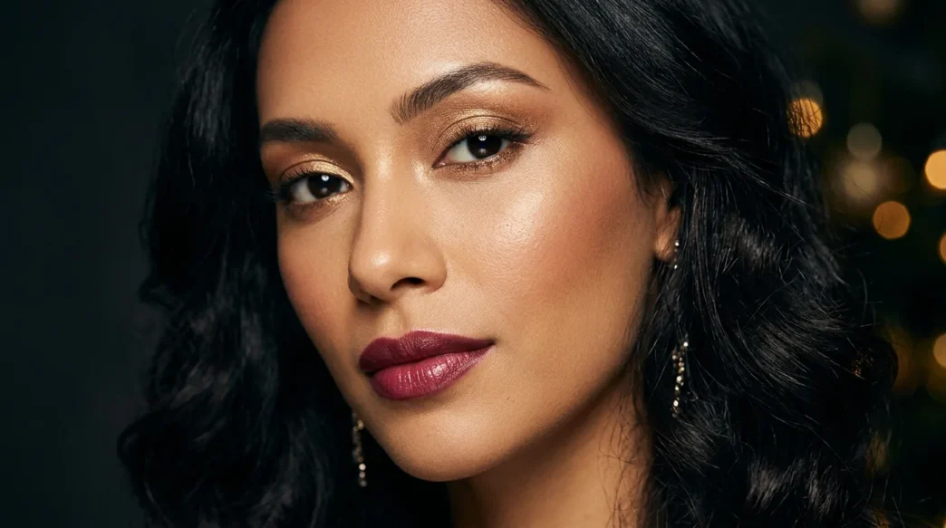 Woman with festive golden party makeup and glowing skin against dark background