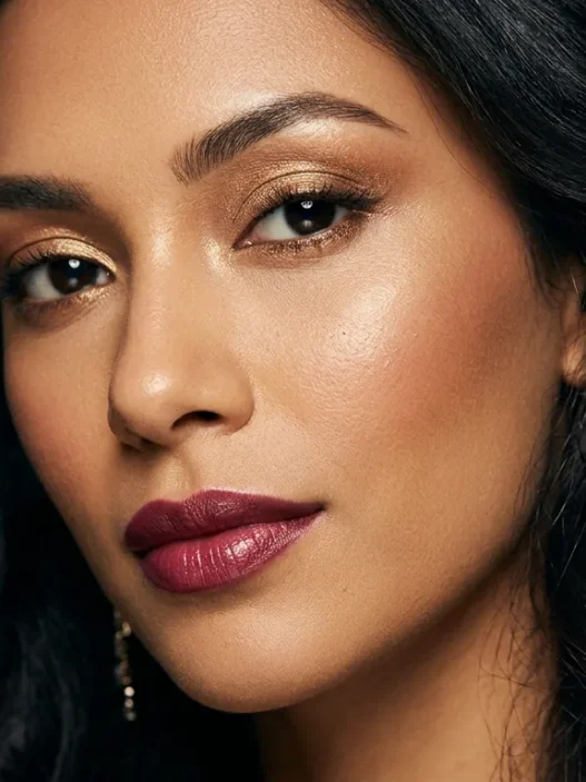 Woman with festive golden party makeup and glowing skin against dark background