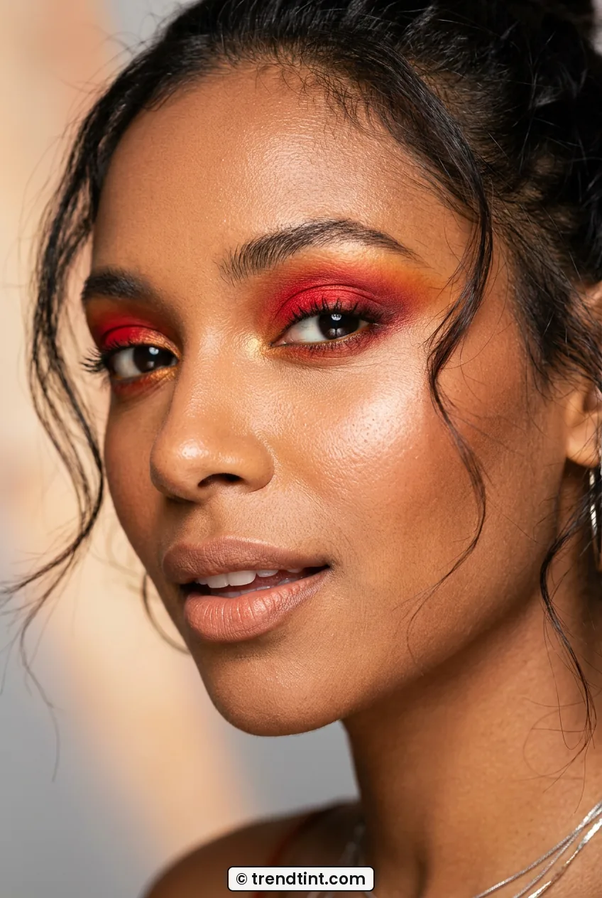 Woman with fiery red smoked eyeshadow and satin skin in close portrait