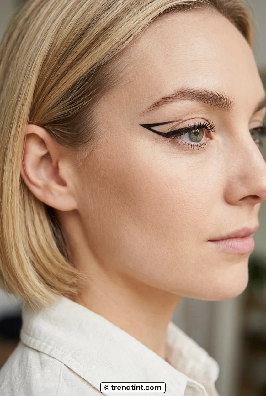 Side profile of woman with wing outline connecting to upper lash line