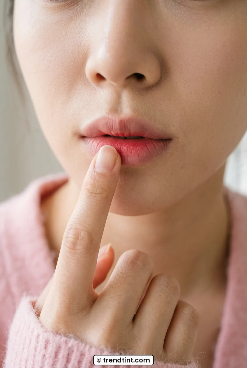 Macro view of fingertip pressing pink colour into centre of lips forming gradient
